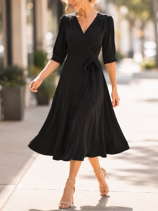 Laundry By Shelli Segal Dresses & Skirts - Laundry by Shelli Segal Black Midi Dress Wrap V Neck Tie Waist Size 8